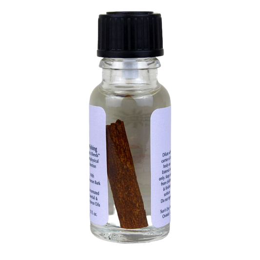Small glass bottle with a cinnamon stick inside on a white background