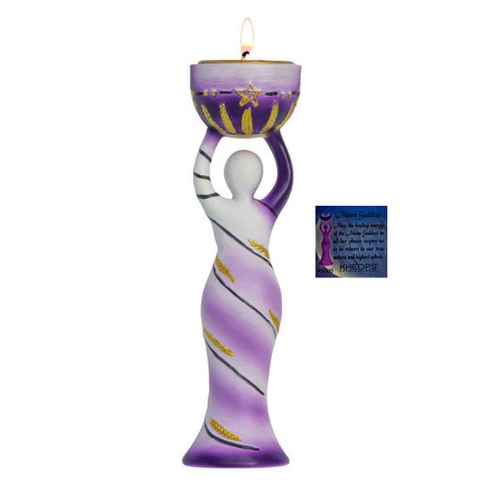 Rear view of goddess tealight holder with inspiration tag