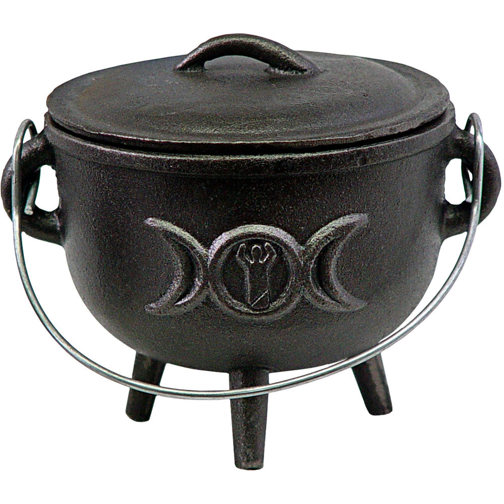 Cast iron cauldron with triple moon emblem