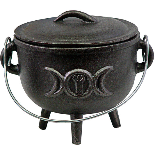 Cast iron cauldron with triple moon emblem