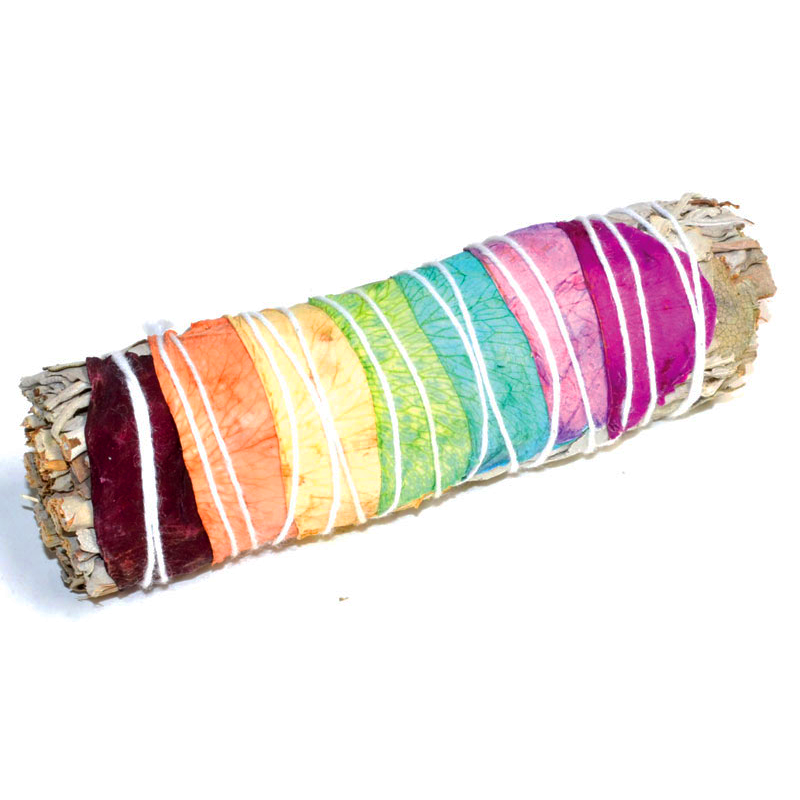 4" White Sage and Chakra-colored flower petal smoke cleansing bundle