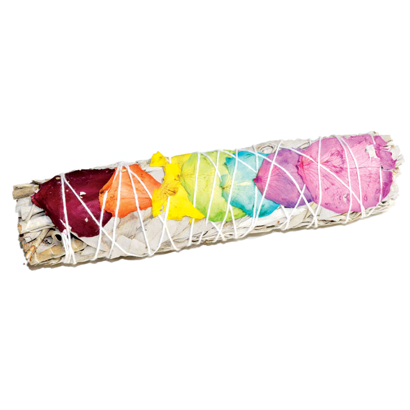 7" White Sage and Chakra-colored flower petal smoke cleansing bundle