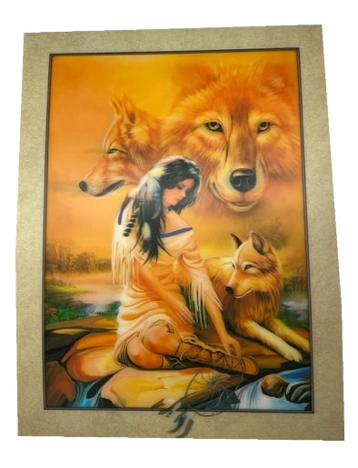 A native woman sits on a stone in a creek next to a wolf. Two wolf heads watch over in the sky.