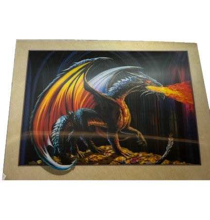 A dark dragon with yellow and orange wings blowing fire while standing atop golden coins and treasures.