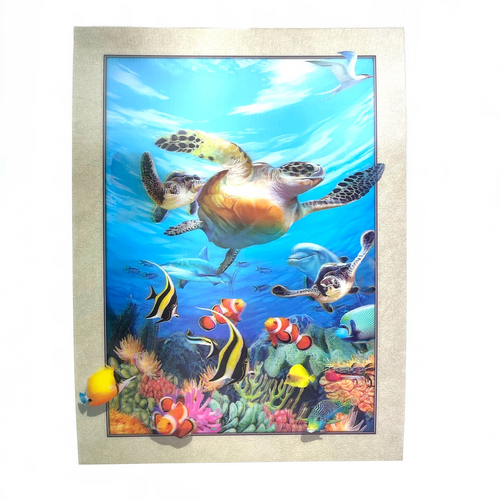 Turtles and other colorful fish swim amongst bright coral and ocean flora.