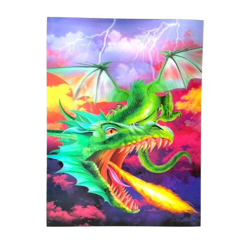 A brightly colored dragon blows fire and flies amongst equally vibrant clouds while lightning strikes behind them.