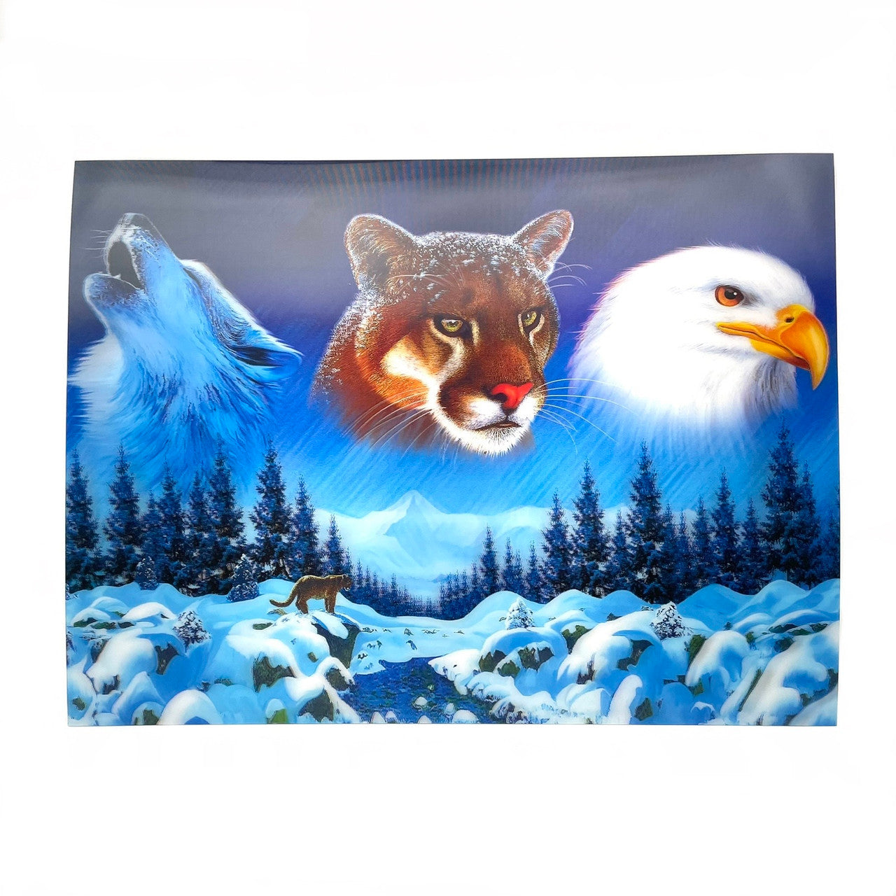 A howling wolf head, a bobcat head, and an eagle head all appear in the sky above a snowy landscape.
