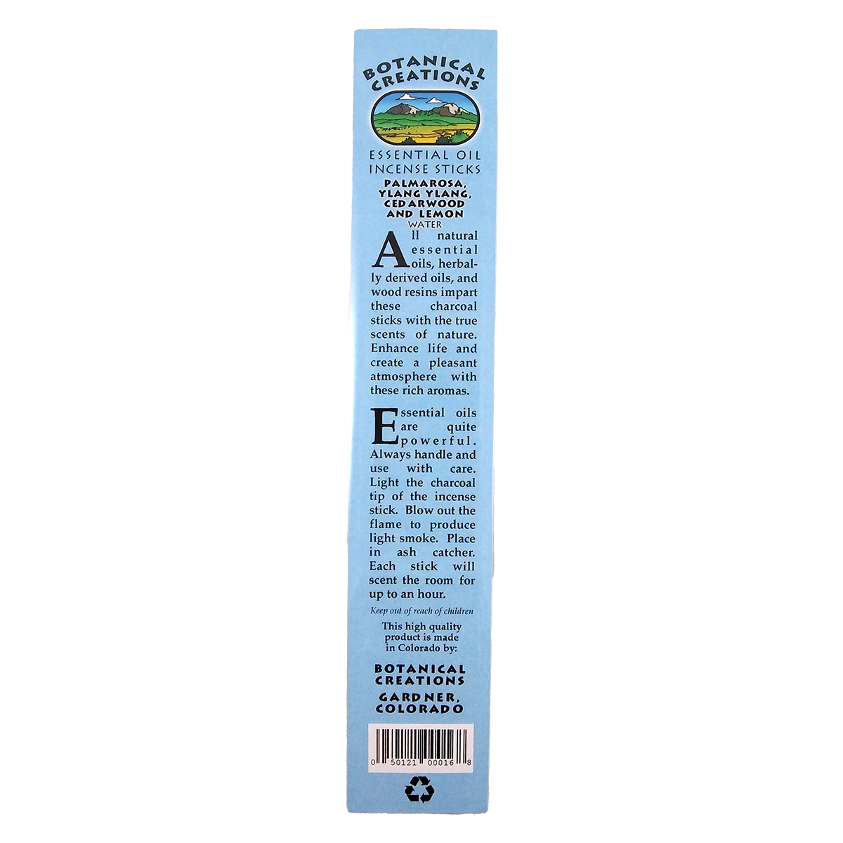 Package of Botanical Creations Palmarosa, Ylang Ylang, Cedarwood, and Lemon incense sticks