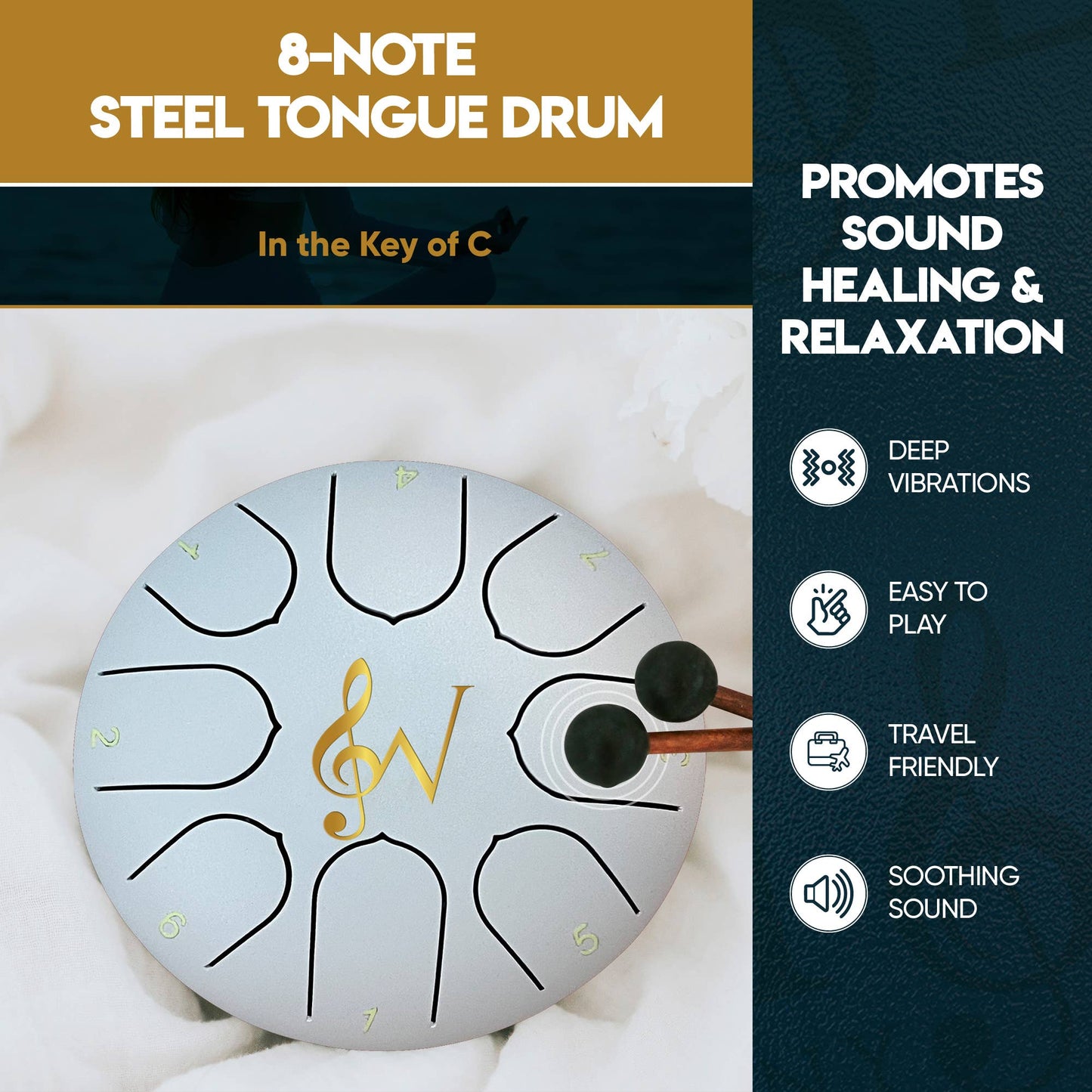 Steel Tongue Drum - 6-Inch, 8-Notes - White