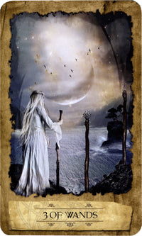 Tarot card featuring a figure by a body of water with a moonlit sky, labeled '3 of Wands'.
