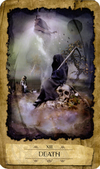 Death card from a tarot deck with a dark, eerie landscape and a skeleton figure.