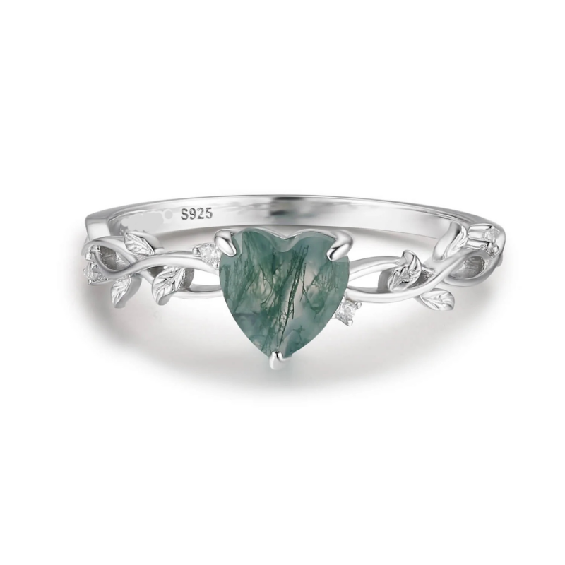 Ring - Heart Moss Agate with Leaf Sterling Silver
