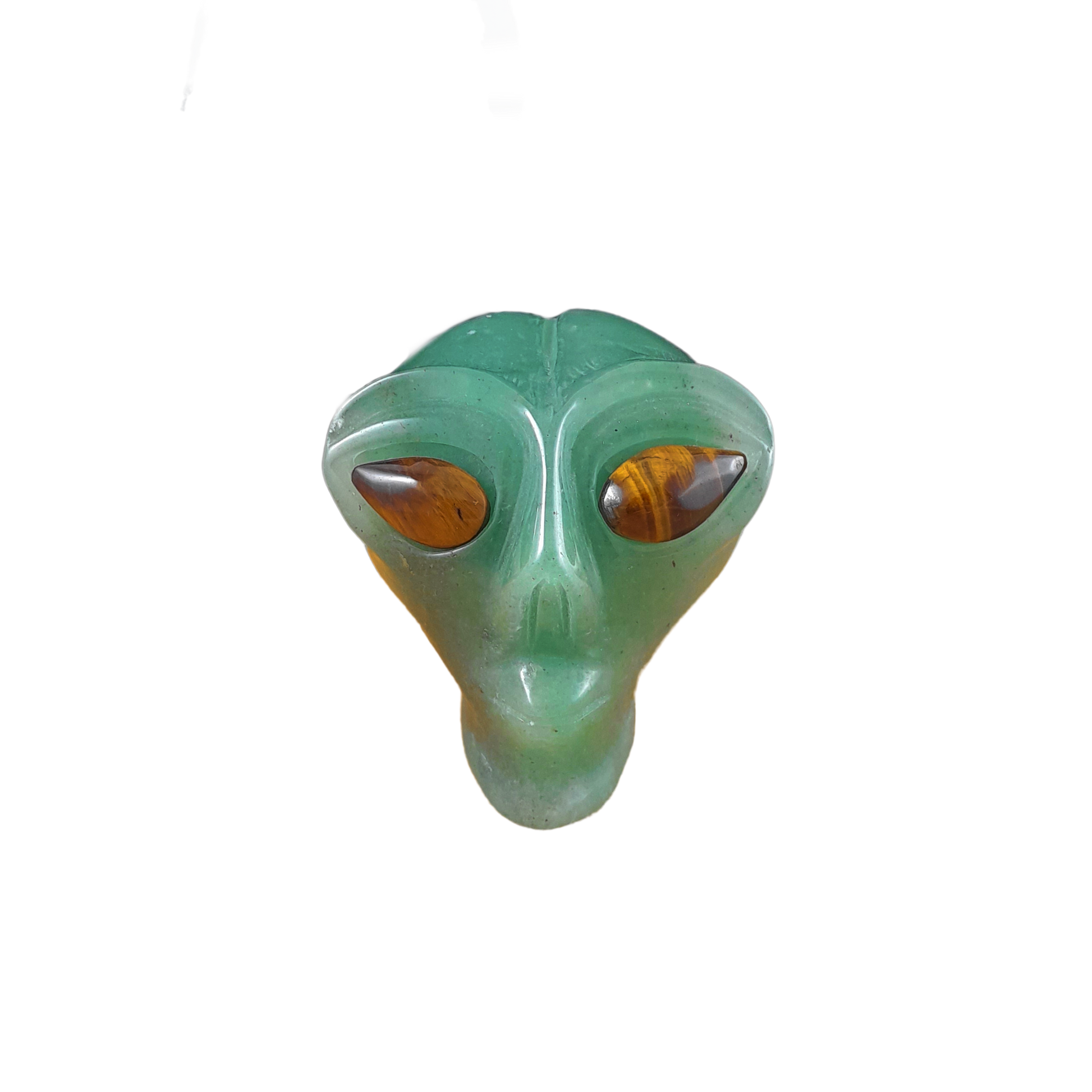 green aventurine alien skull with tiger eye eyes