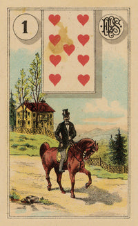 Vintage card with a rider on a horse and hearts design