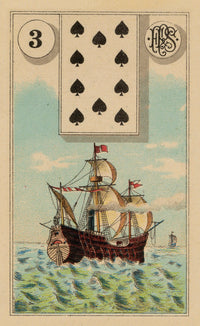 Card with a ship and spades symbol, likely from a deck of playing cards.