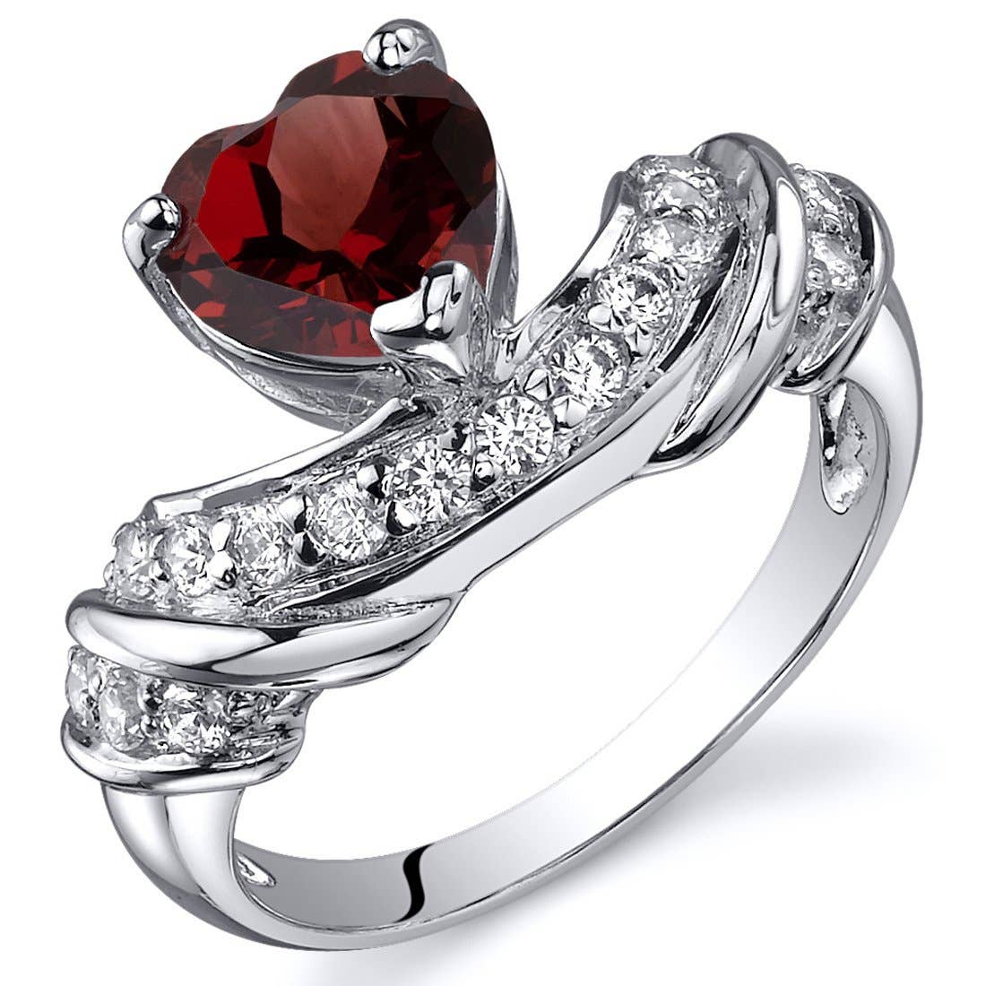 Silver ring with a heart-shaped red gemstone and diamond accents on a white background