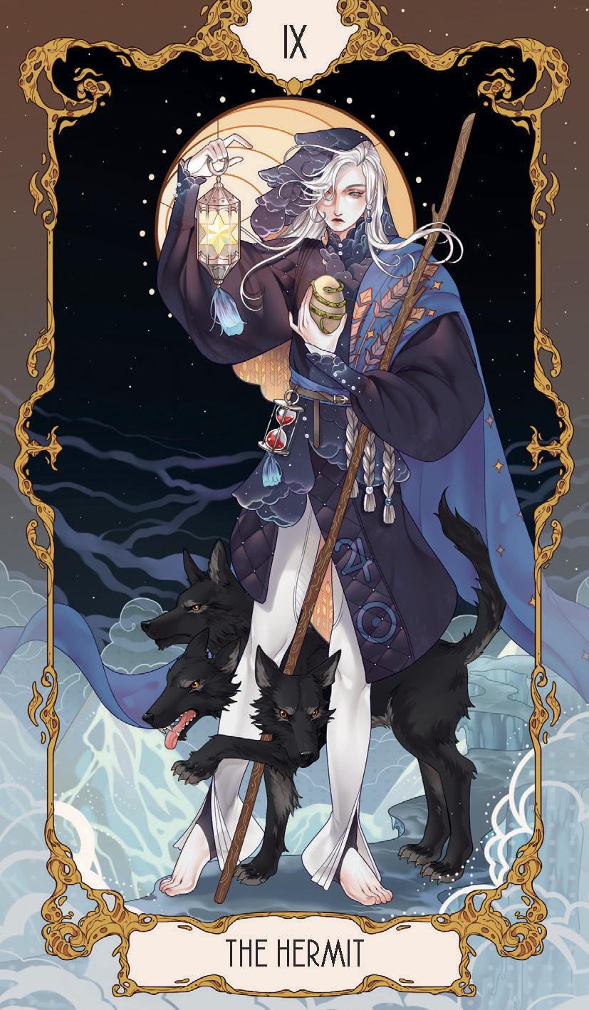 Tarot card featuring a figure known as 'The Hermit' with dark cloak and staff, surrounded by wolves, against a starry night sky.