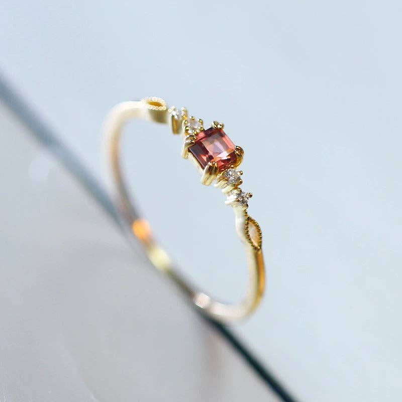 Ring - Gold Vintage Garnet Stone Thin Band Sterling Silver