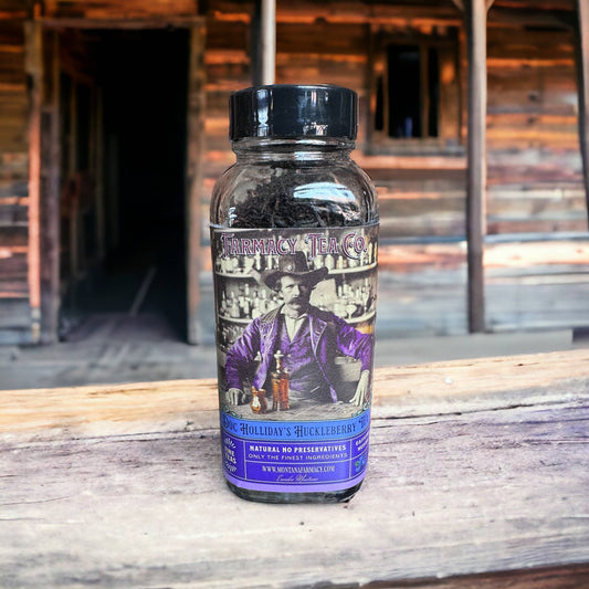 doc holiday huckleberry tea in glass jar