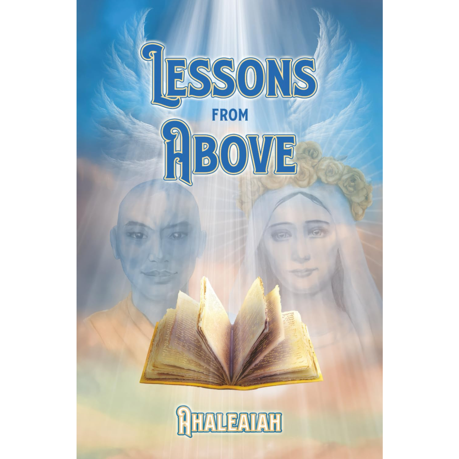 Book cover titled 'Lessons from Above' with two angelic figures and an open book.