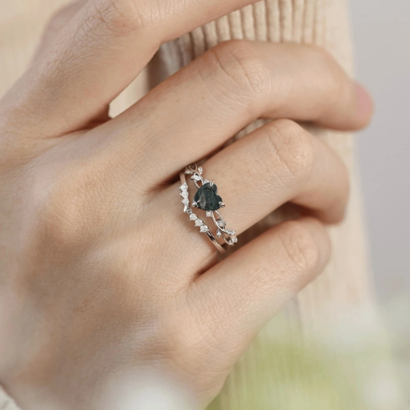 Ring - Heart Moss Agate with Leaf Sterling Silver