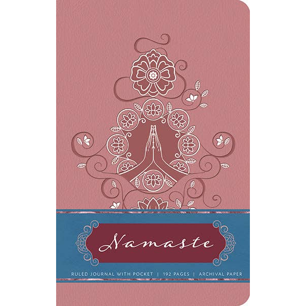 Pink journal with 'Namaste' design and text on a white background