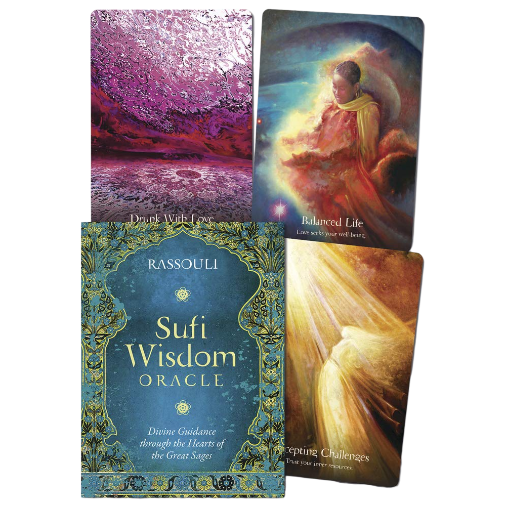 Sufi Wisdom Oracle card deck box by Rassouli shown with four sample cards against a plain white background. The box is teal and gold with ornate border detailing, while the cards feature colorful spiritual artwork in pink, blue, and gold tones.