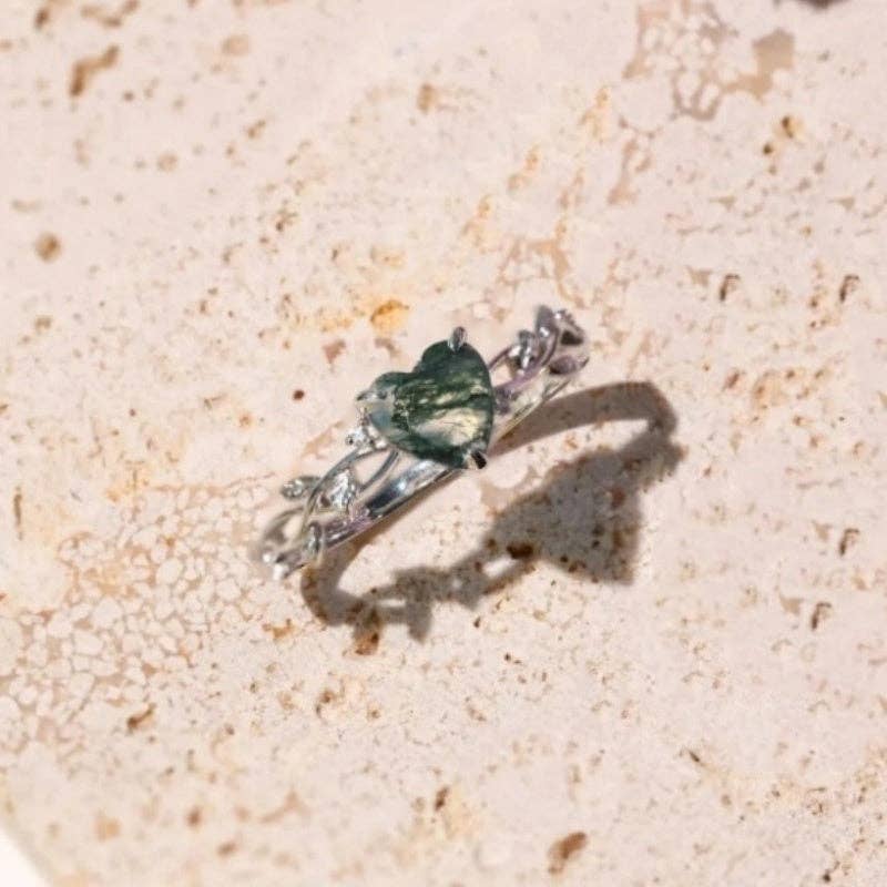 Ring - Heart Moss Agate with Leaf Sterling Silver