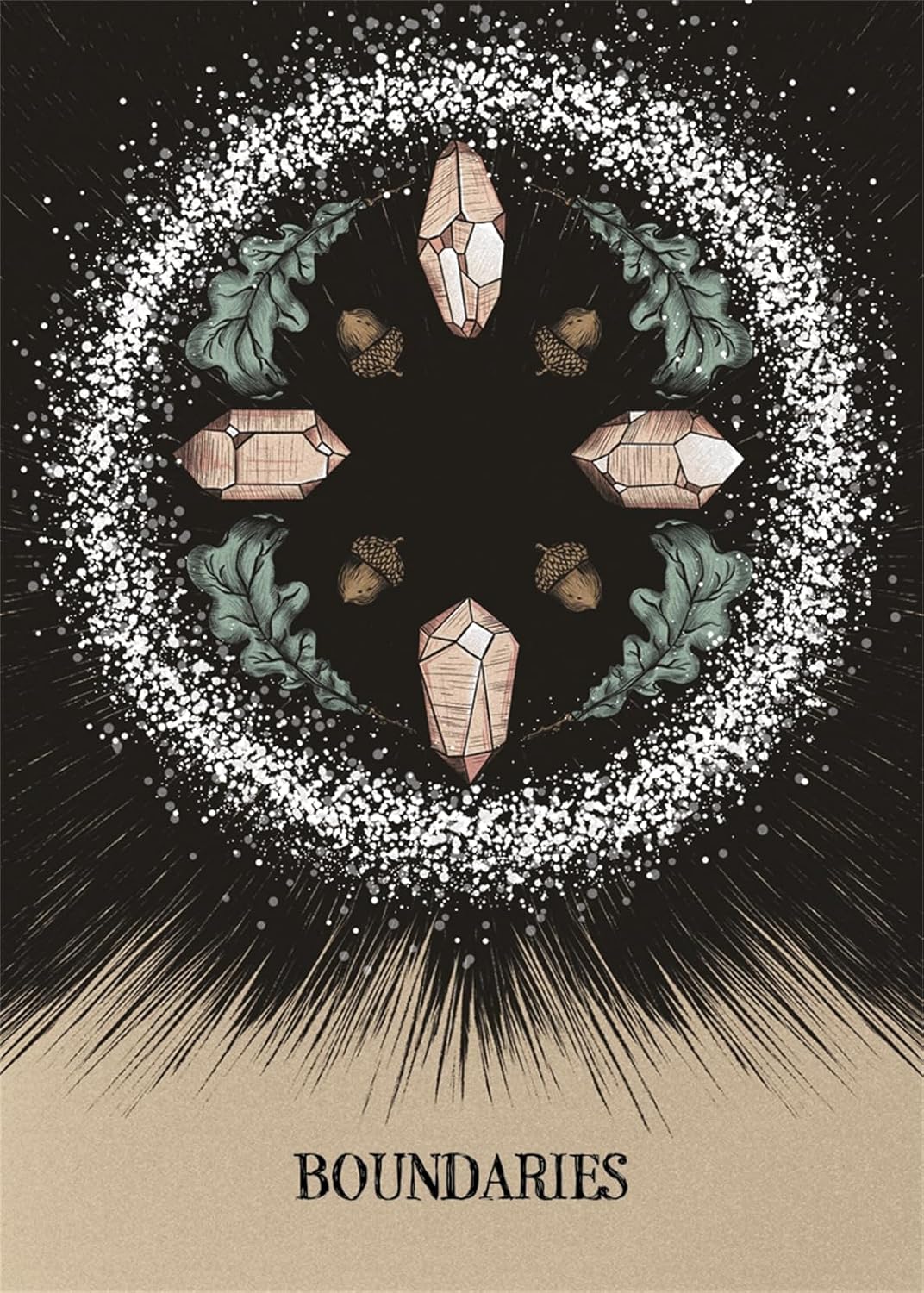 Artistic design with crystals and leaves around a central black circle, titled 'Boundaries'.