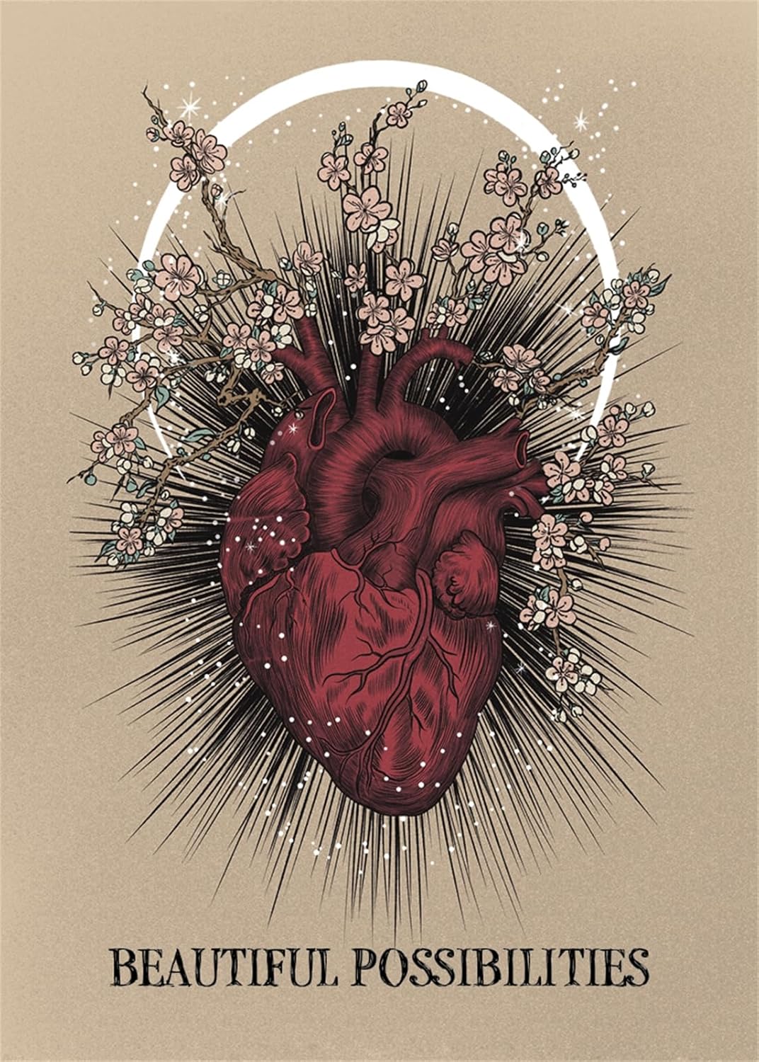 Illustration of a heart with floral elements and 'Beautiful Possibilities' text on a beige background
