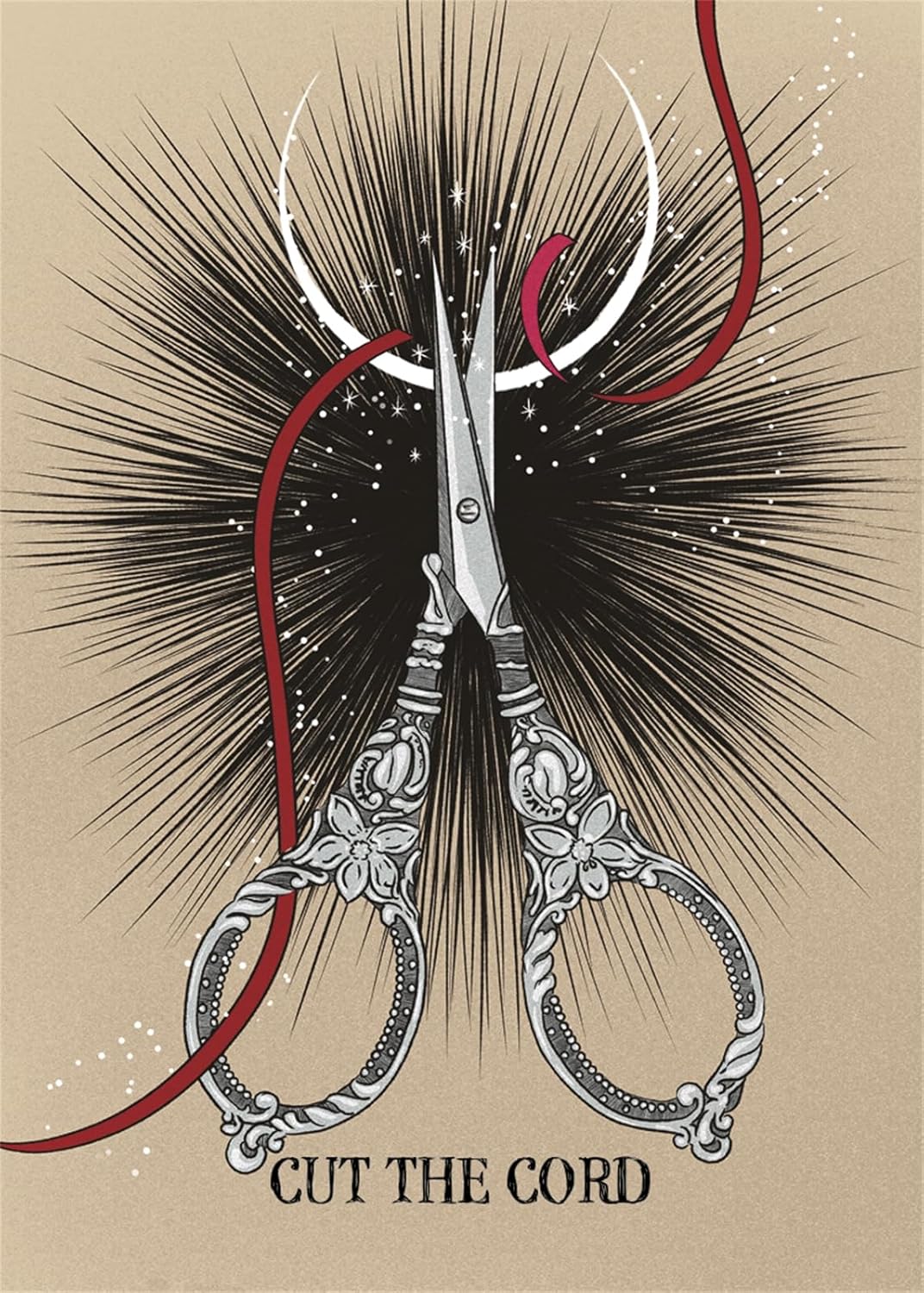 Decorative scissors with a red cord on a beige background with 'Cut the Cord' text.