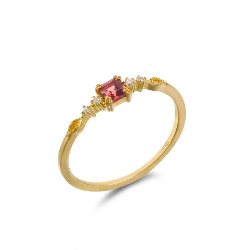Ring - Gold Vintage Garnet Stone Thin Band Sterling Silver