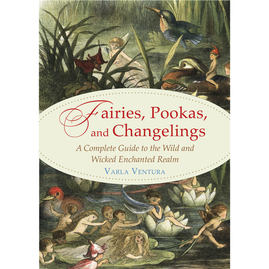 Book cover of 'Fairies, Pookas, and Changelings' with illustrations of fairies and a bird.