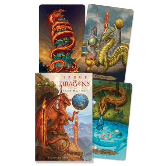 Four tarot cards featuring dragons with a book titled 'Tarot of Dragons' by Shawn Mackenzie.