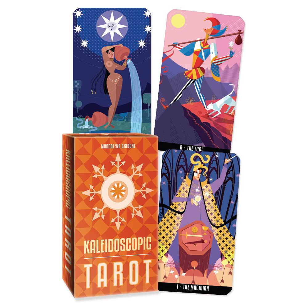 Kaleidoscopic Tarot cards with colorful designs on a white background