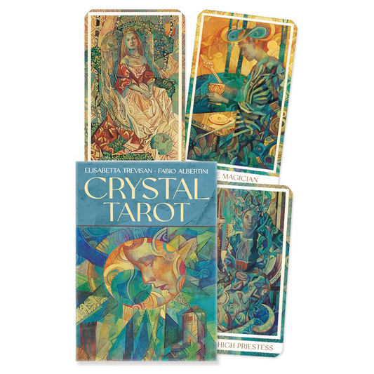 Crystal Tarot card set with colorful tarot cards and box on a white background