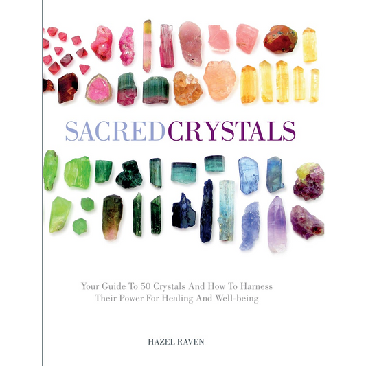 Book cover of 'Sacred Crystals' with colorful crystals and author's name on a white background