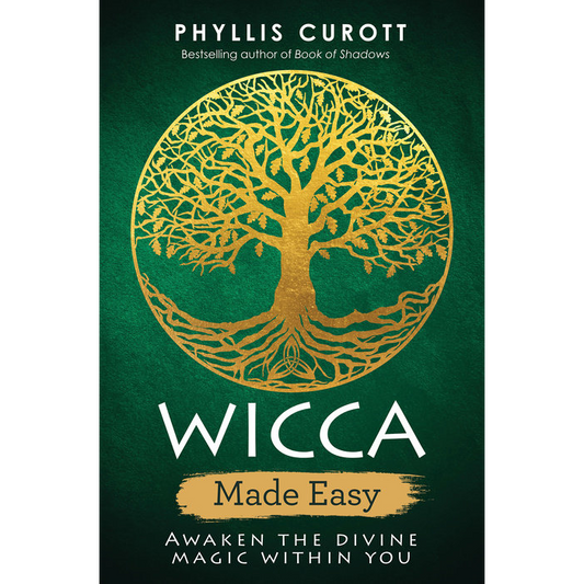 Book cover of 'Wicca Made Easy' by Phyllis Currott with a gold tree design on a green background.