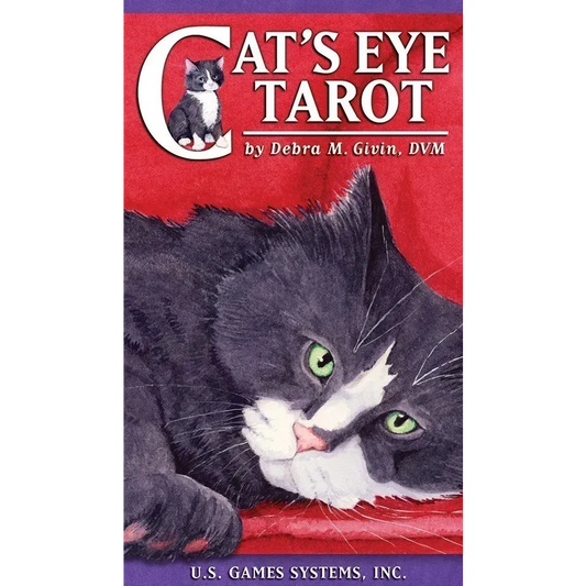 Cat's Eye Tarot book cover with a cat illustration and red background