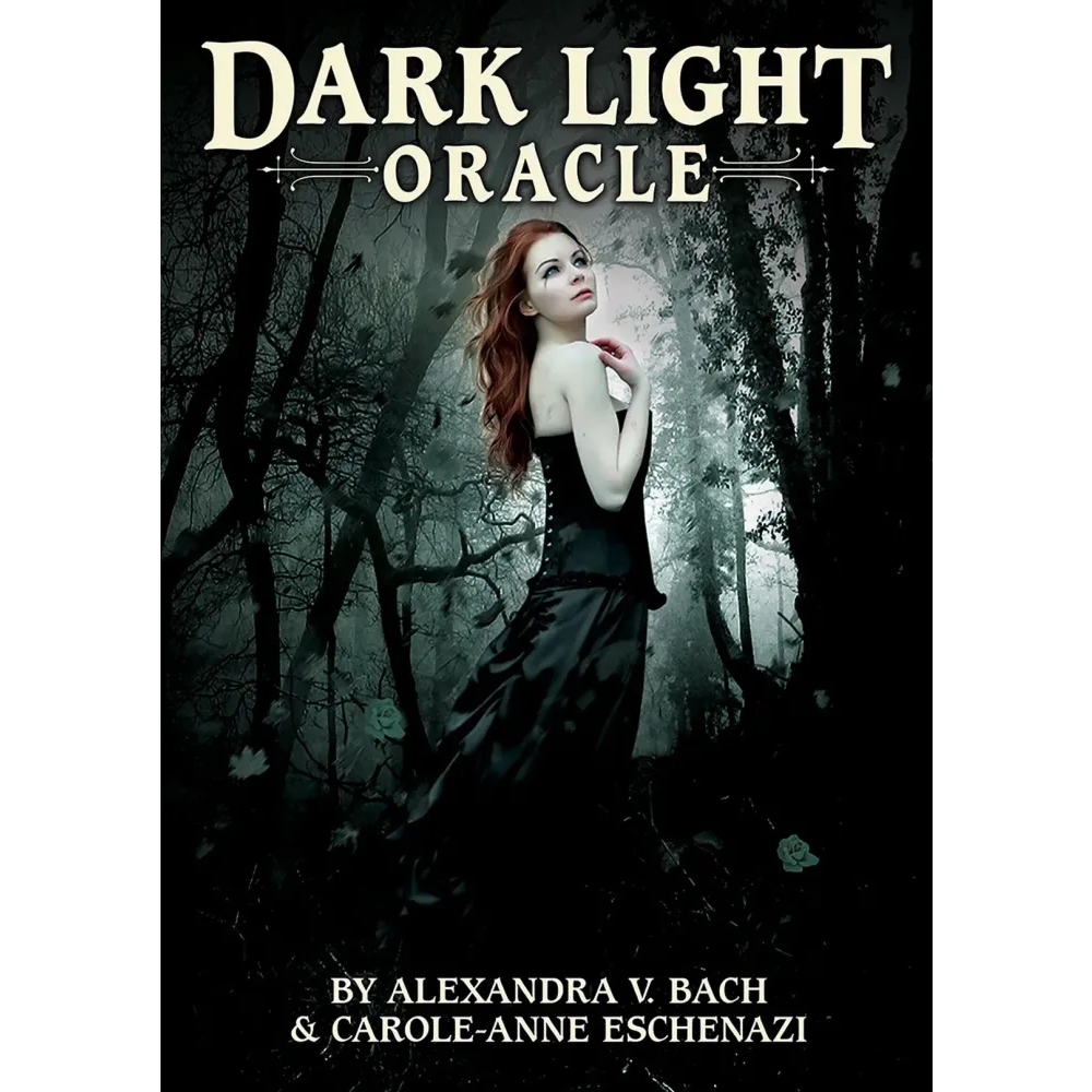 Book cover of 'Dark Light Oracle' with a woman in a forest setting