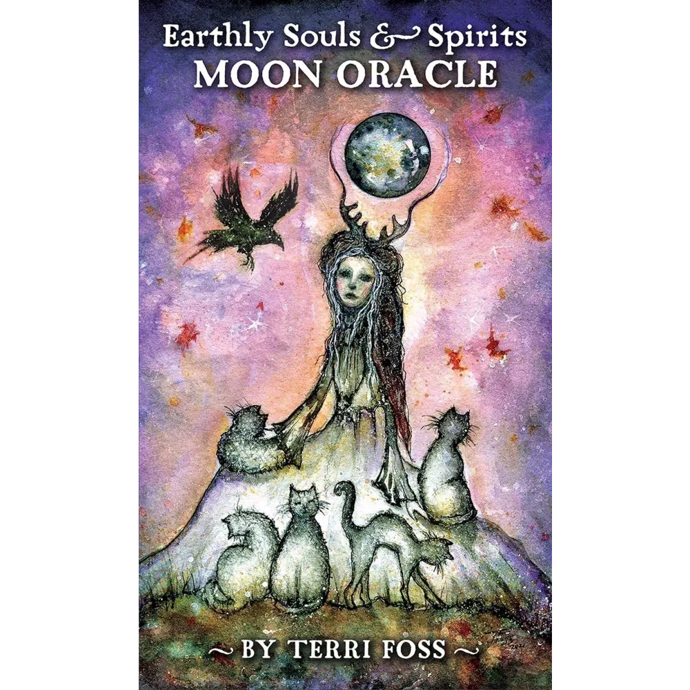 Book cover of 'Earthly Souls & Spirits Moon Oracle' by Terri Foss with a woman and cats against a starry night sky.
