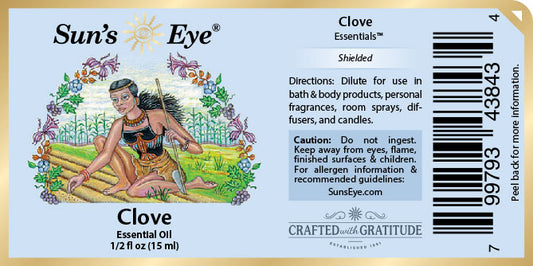 Sun's Eye Clove Essential Oil label with illustration of a woman and nature elements.