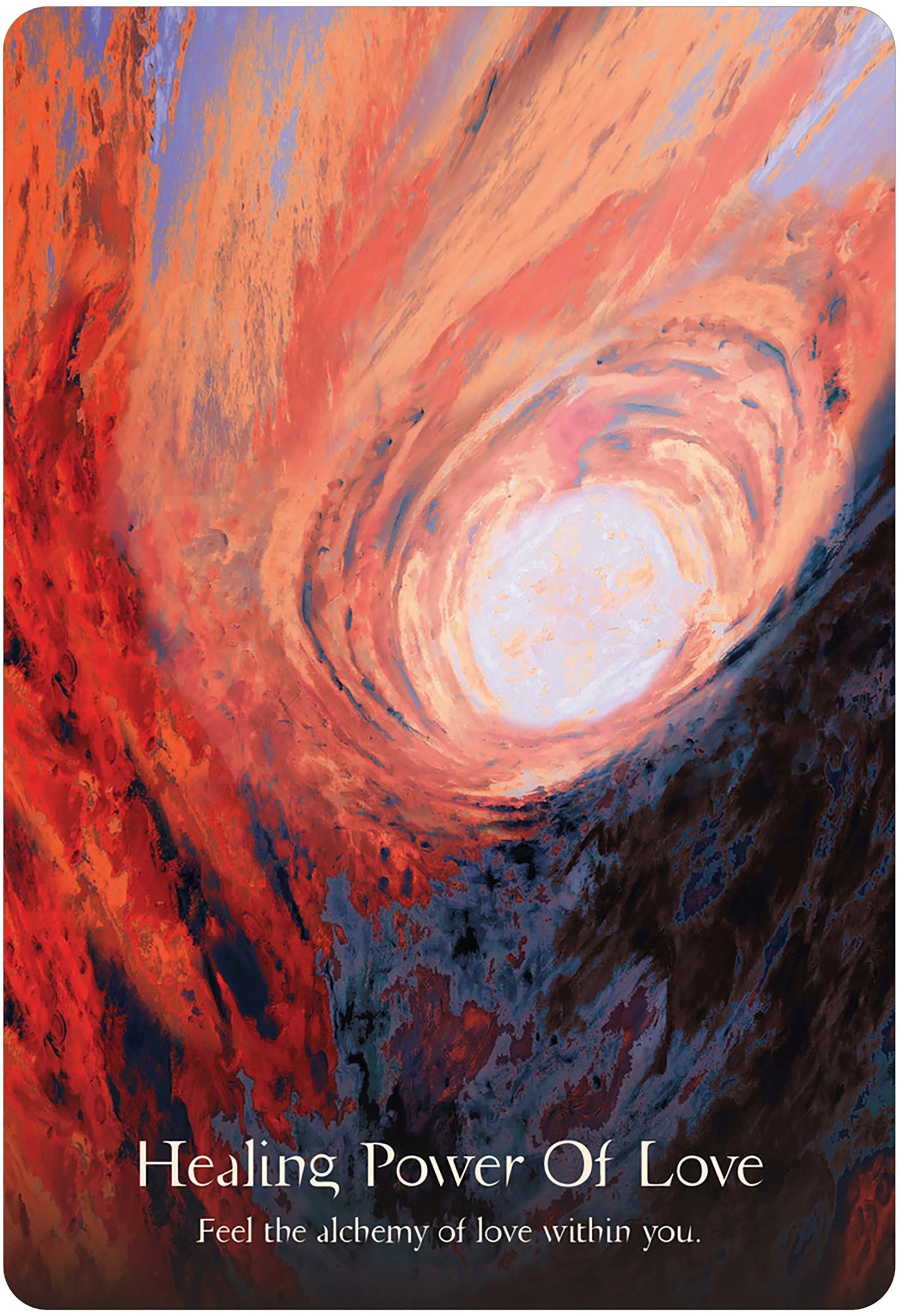 Artistic depiction of a swirling vortex with text about the 'Healing Power of Love'.
