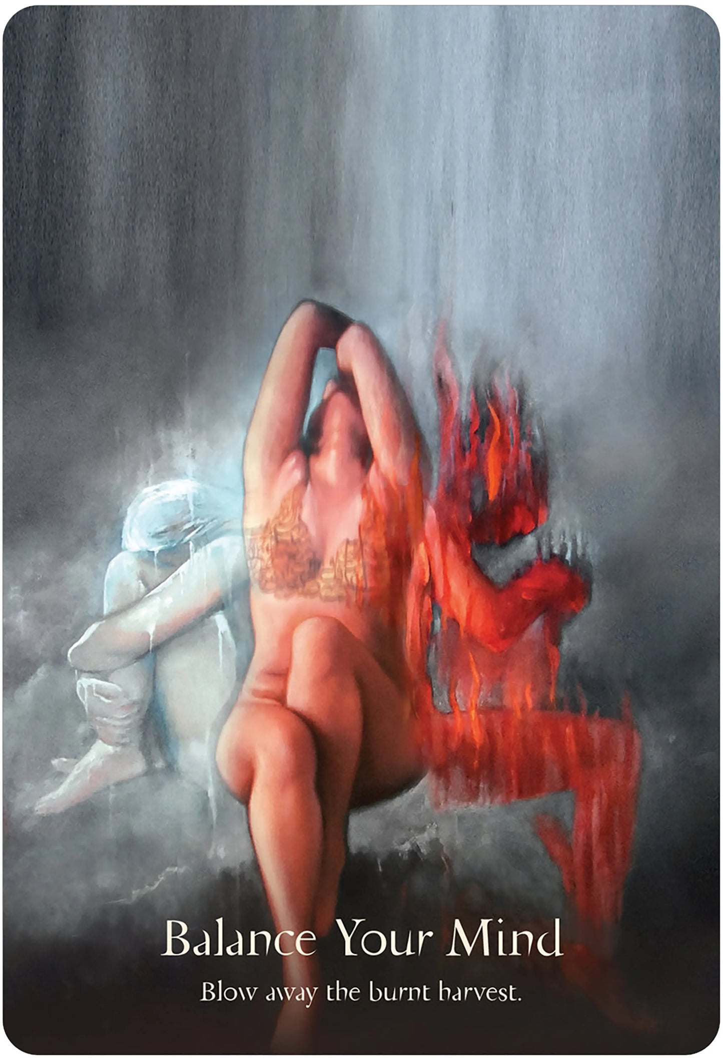 Artistic depiction of a person with a fiery figure and text 'Balance Your Mind' on a dark background.