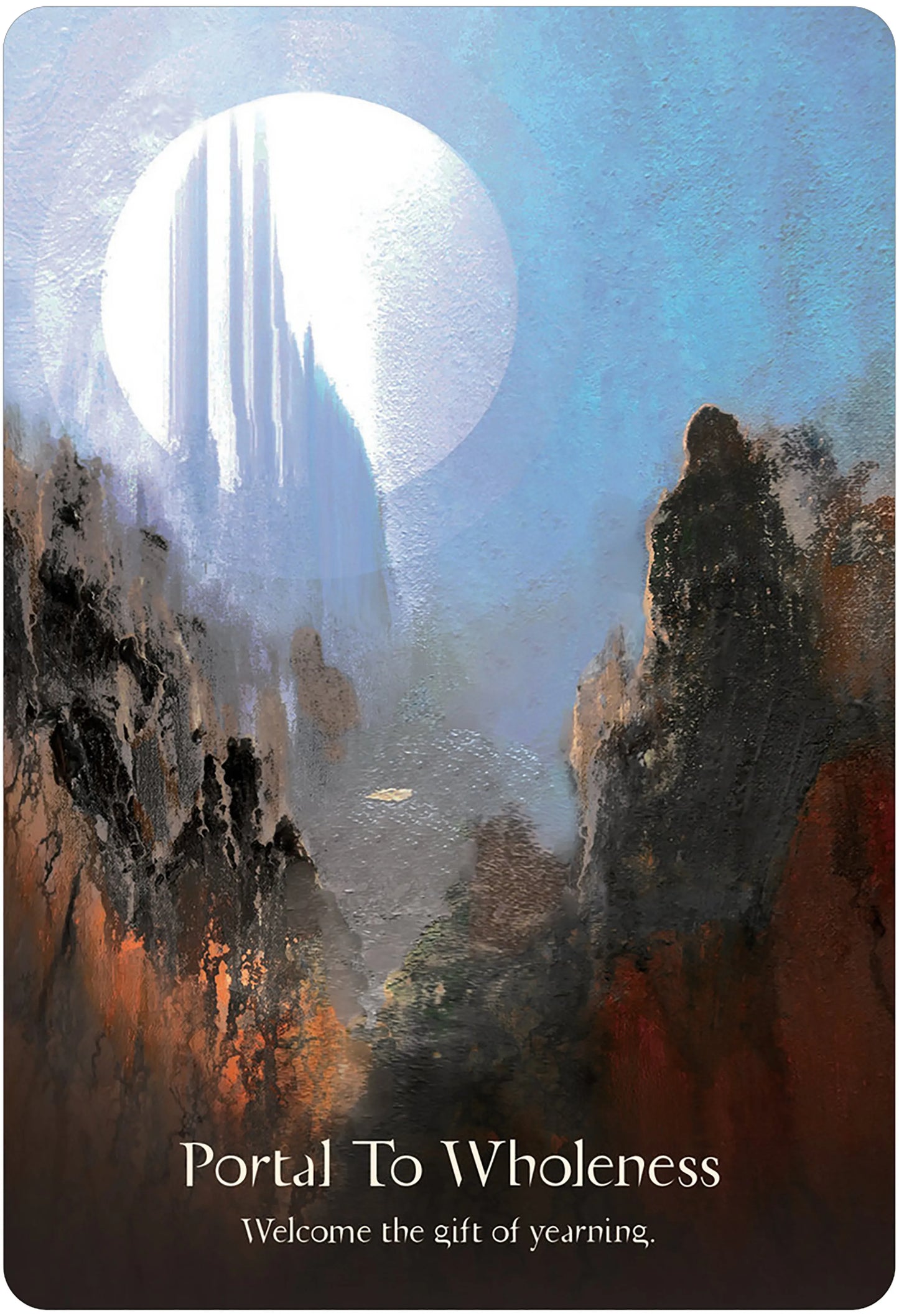 A square art print or card featuring a stylized landscape scene with a large white moon or portal in a blue sky above dark rocky cliffs and a winding path. Text at the bottom reads 'Portal To Wholeness' and 'Welcome the gift of yearning.