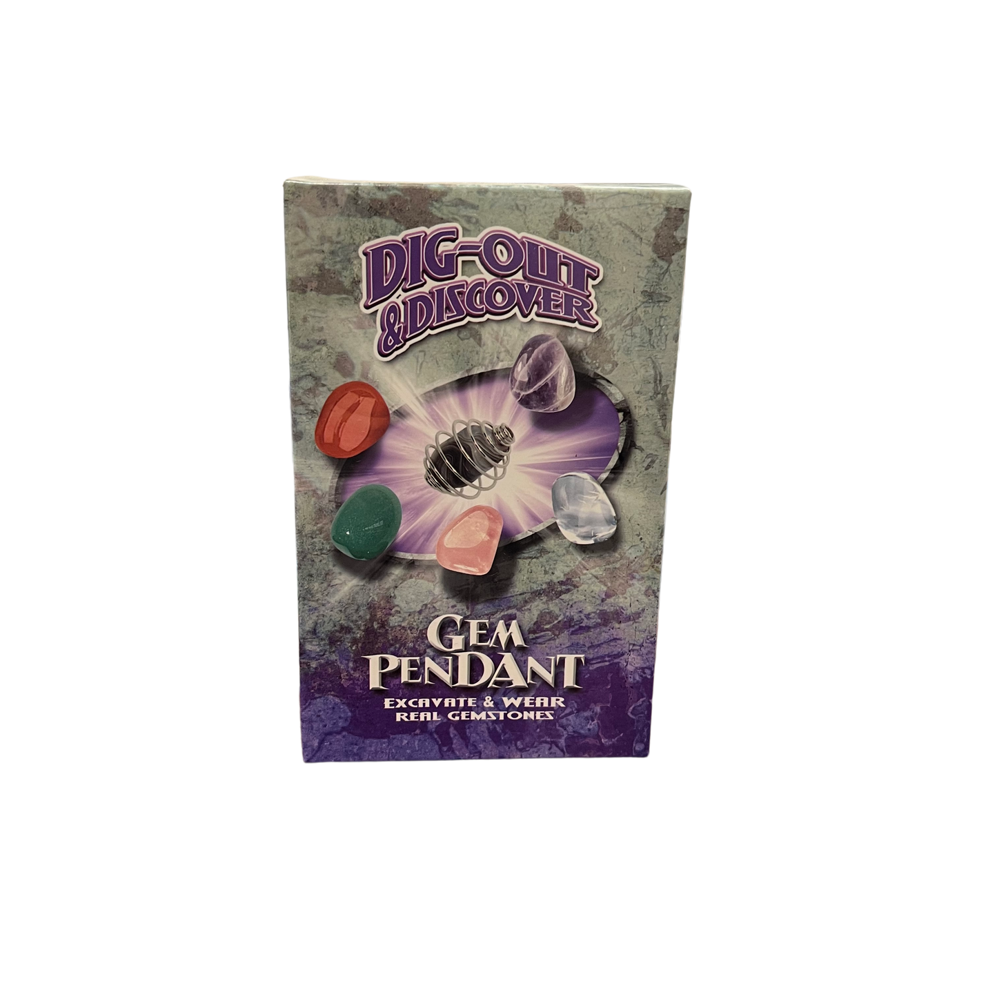 Packaging of a gem pendant with colorful stones on a white background