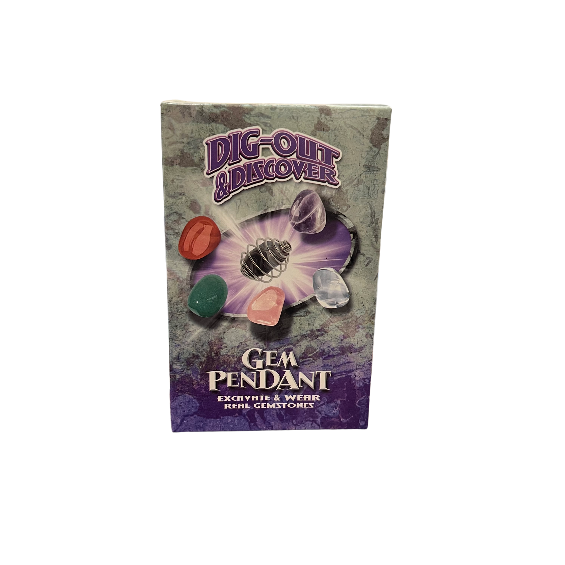 Packaging of a gem pendant with colorful stones on a white background