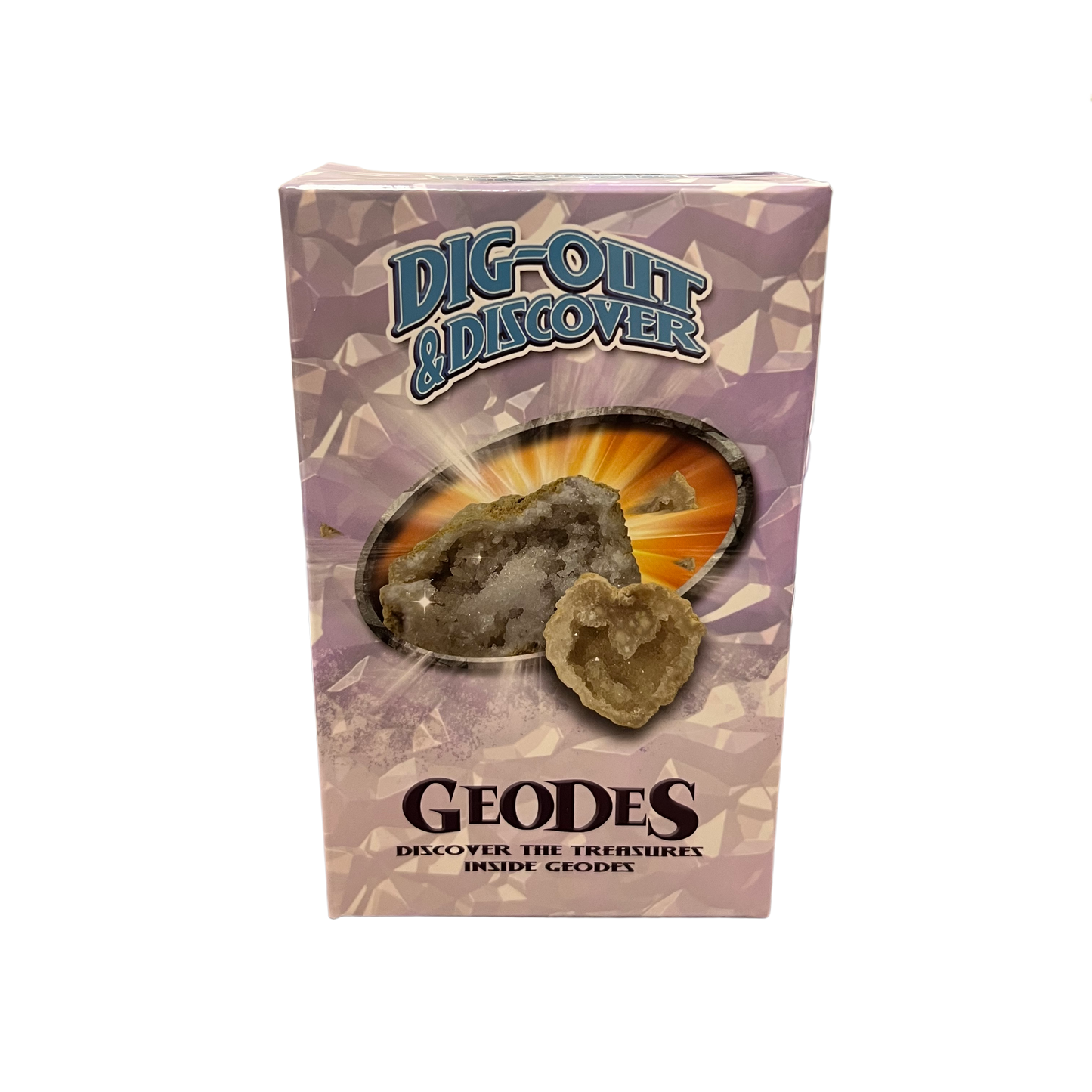 Box of Dig-Out & Discover geodes with a geode inside on a white background