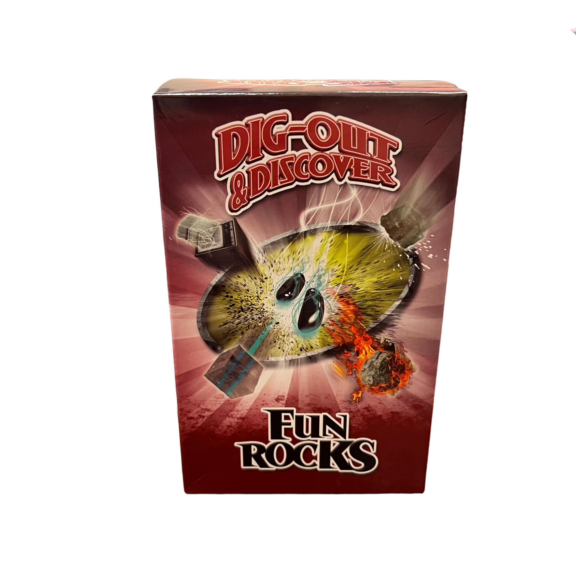 Box of 'Dig Out & Discover Fun Rocks' with colorful rock illustration on a white background
