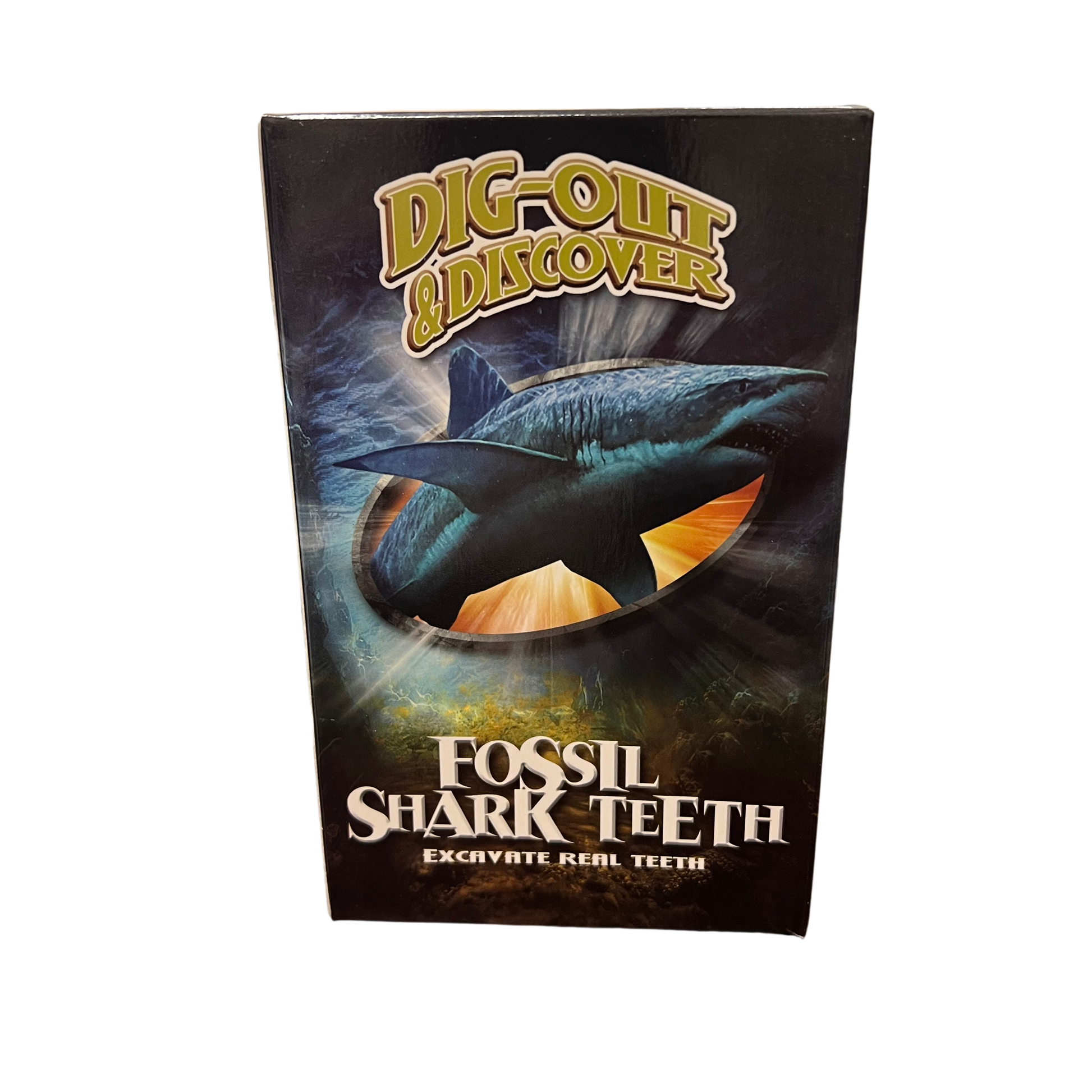 Box for 'Dig Out & Discover' fossil shark teeth kit with shark illustration on a white background.